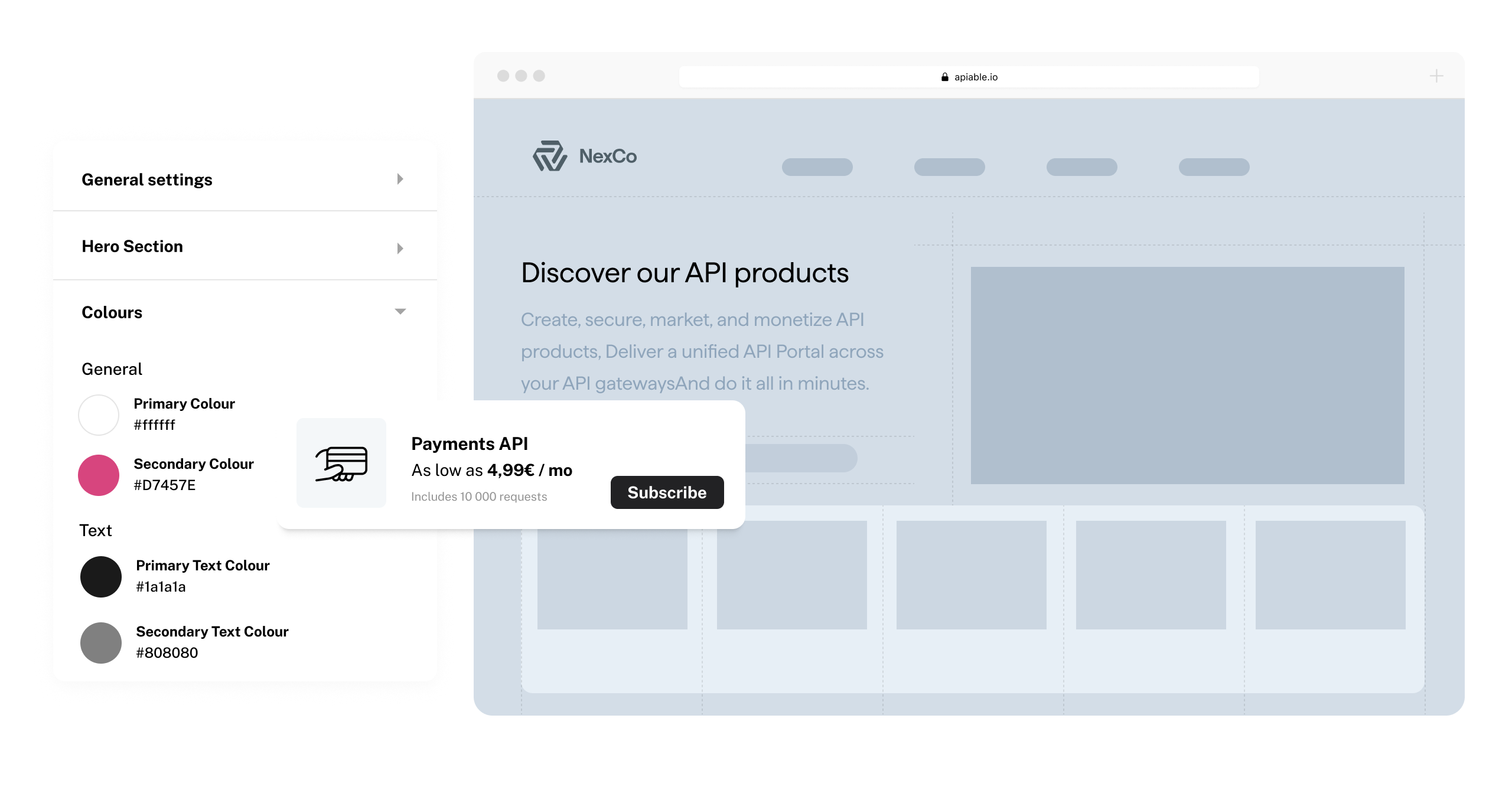 Apiable API portal dashboard showing developer onboarding and API product catalog