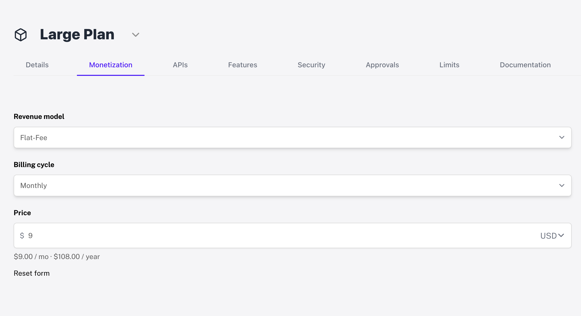 Monetization plan configuration showing revenue model and billing settings