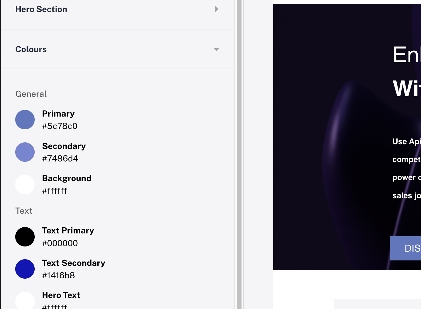 Portal colour customization panel with live preview