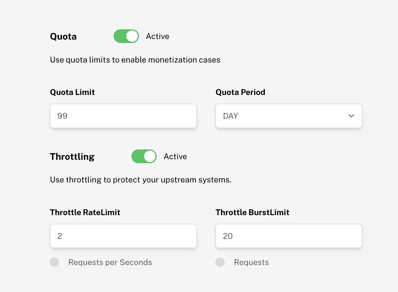 API usage limit configuration with Small, Medium and Large plans