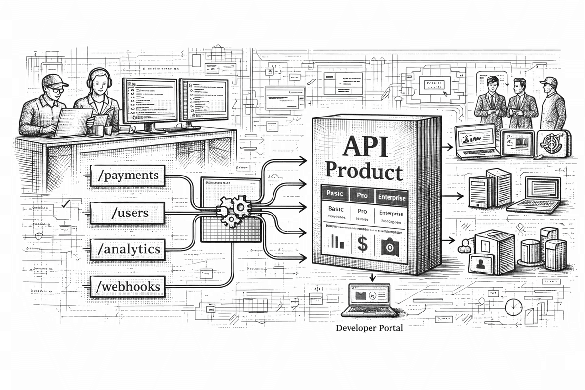API product development workspace — endpoints, developer portal, and pricing tiers