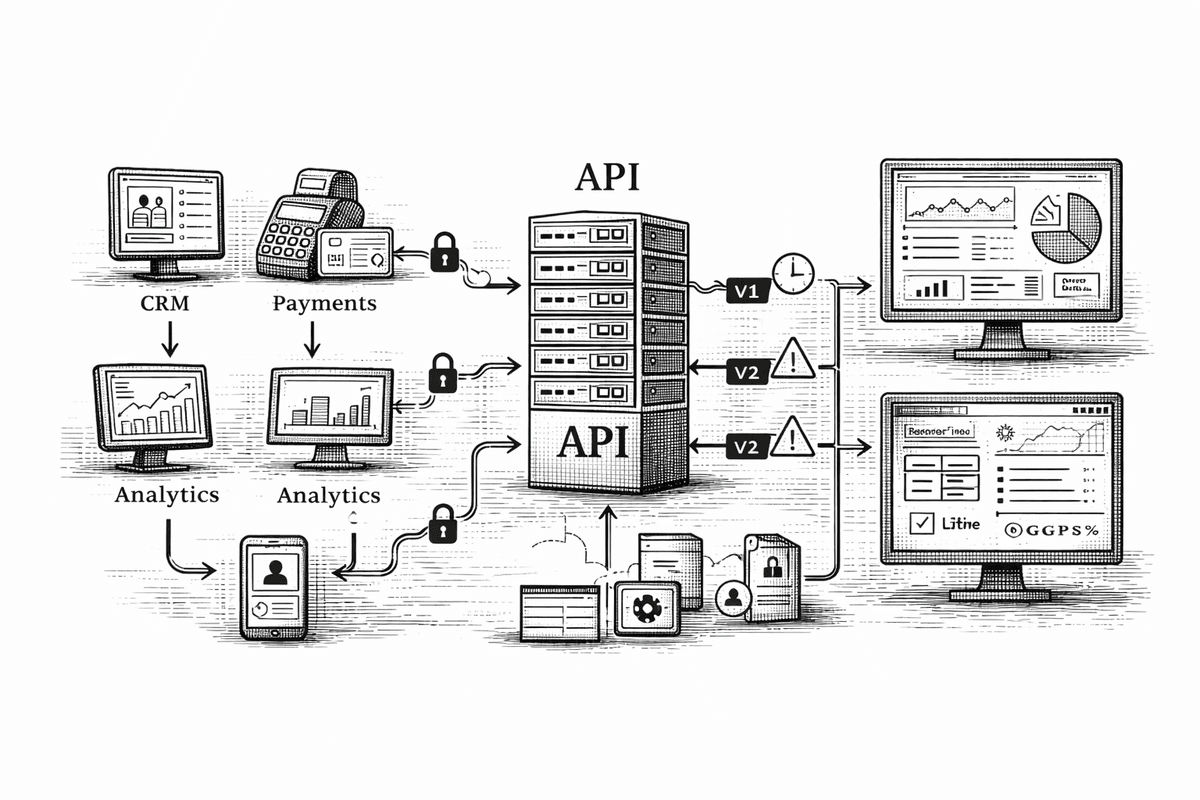 API integration and monitoring system — CRM, payments, and analytics connecting through versioned API servers
