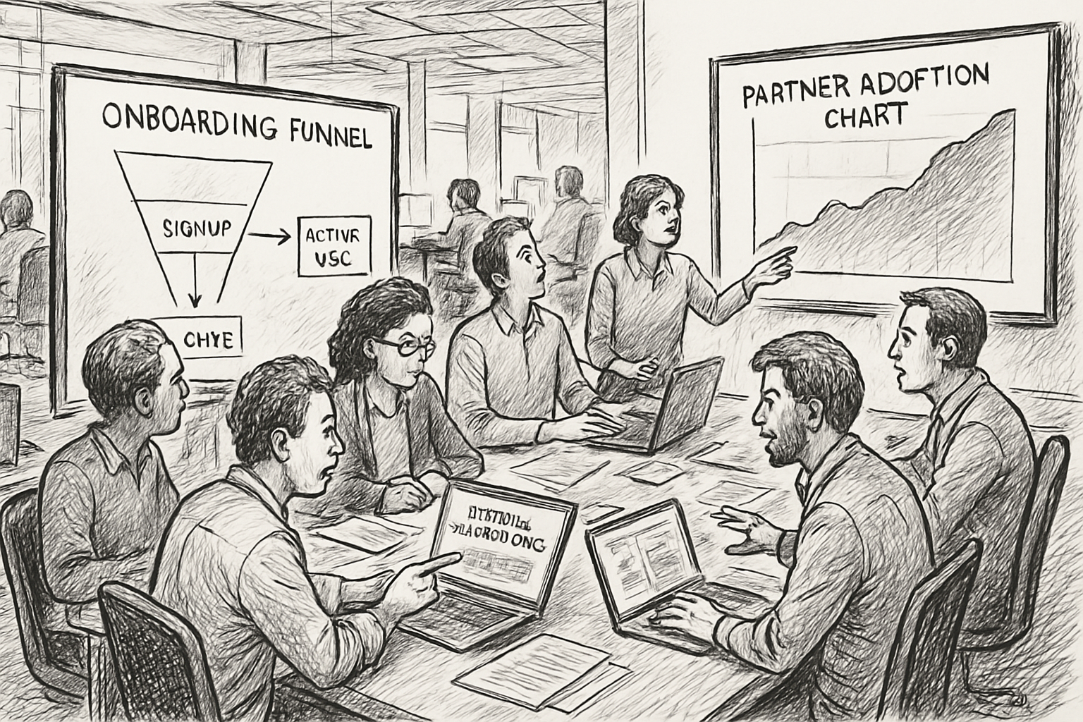 Business metrics rising from an API program — dashboards showing partner adoption, revenue, and program health