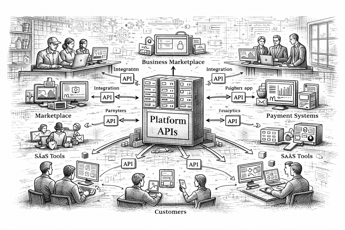 Ecosystem around platform APIs — marketplaces, SaaS tools, payment systems, and customers connecting through API integrations