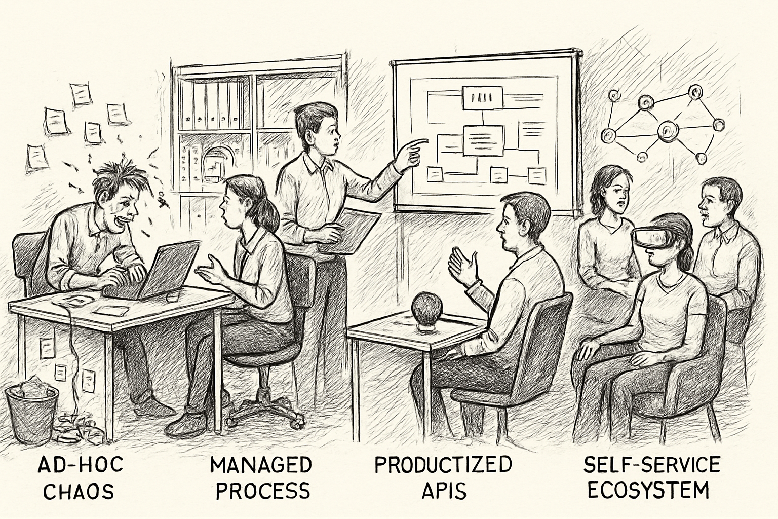 Four ascending stages of a partner program from ad-hoc chaos to self-service ecosystem