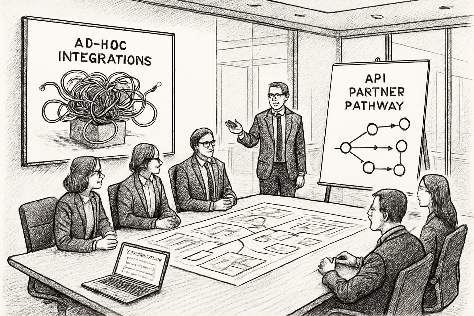 A chaotic tangle of ad-hoc API integrations being organized into a structured partner program with clear pathways