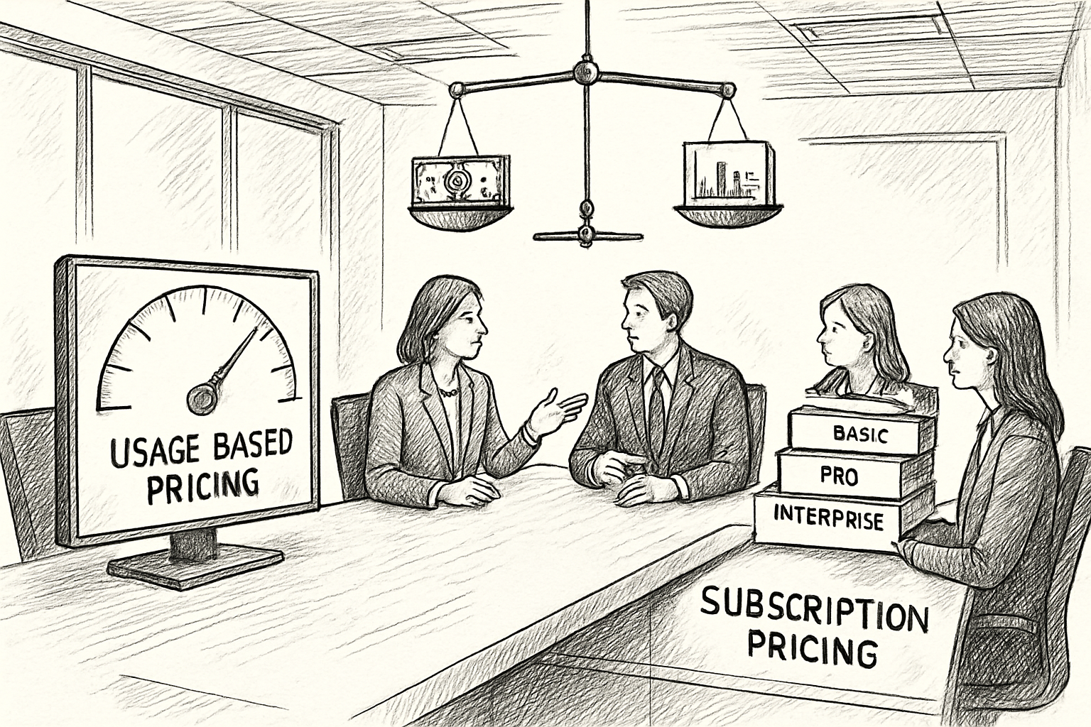 Two API pricing models compared side by side: a usage meter scaling with consumption and fixed subscription tiers