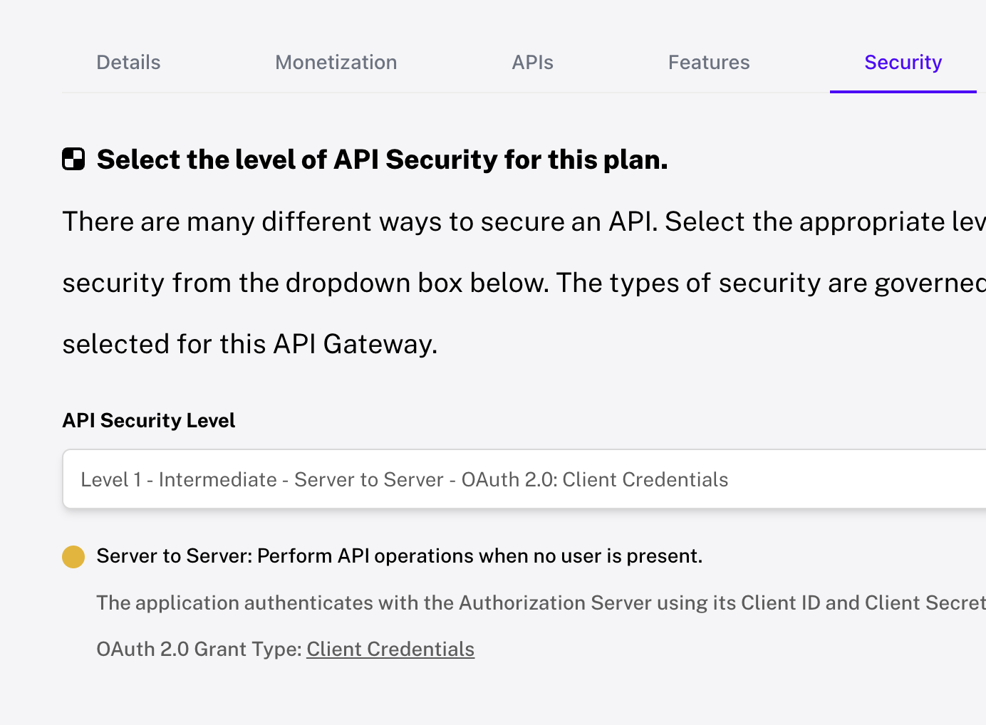 Security tab with API Security Level and OAuth 2.0 Client Credentials settings