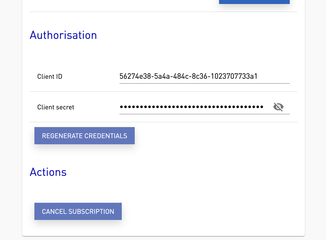 Authorisation panel with Client ID, Client secret and credential regeneration